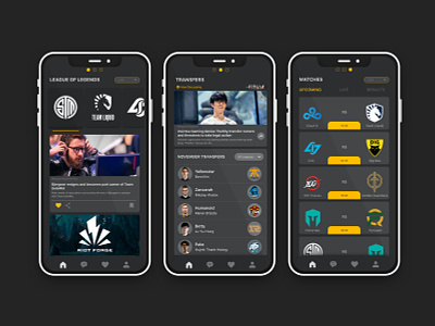 Esports Mobile App app app design application dark dark design dark ui esport game ui gaming leagueoflegends match results mobile ui