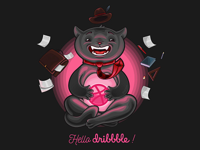 Hello Dribbble! cartoon cat character characterdesign characters dark debut design happy hello illustration illustrator light smile vector