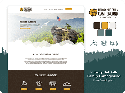 Hickory Nut Falls Family Campground branding camping logo design mountain retro design website design