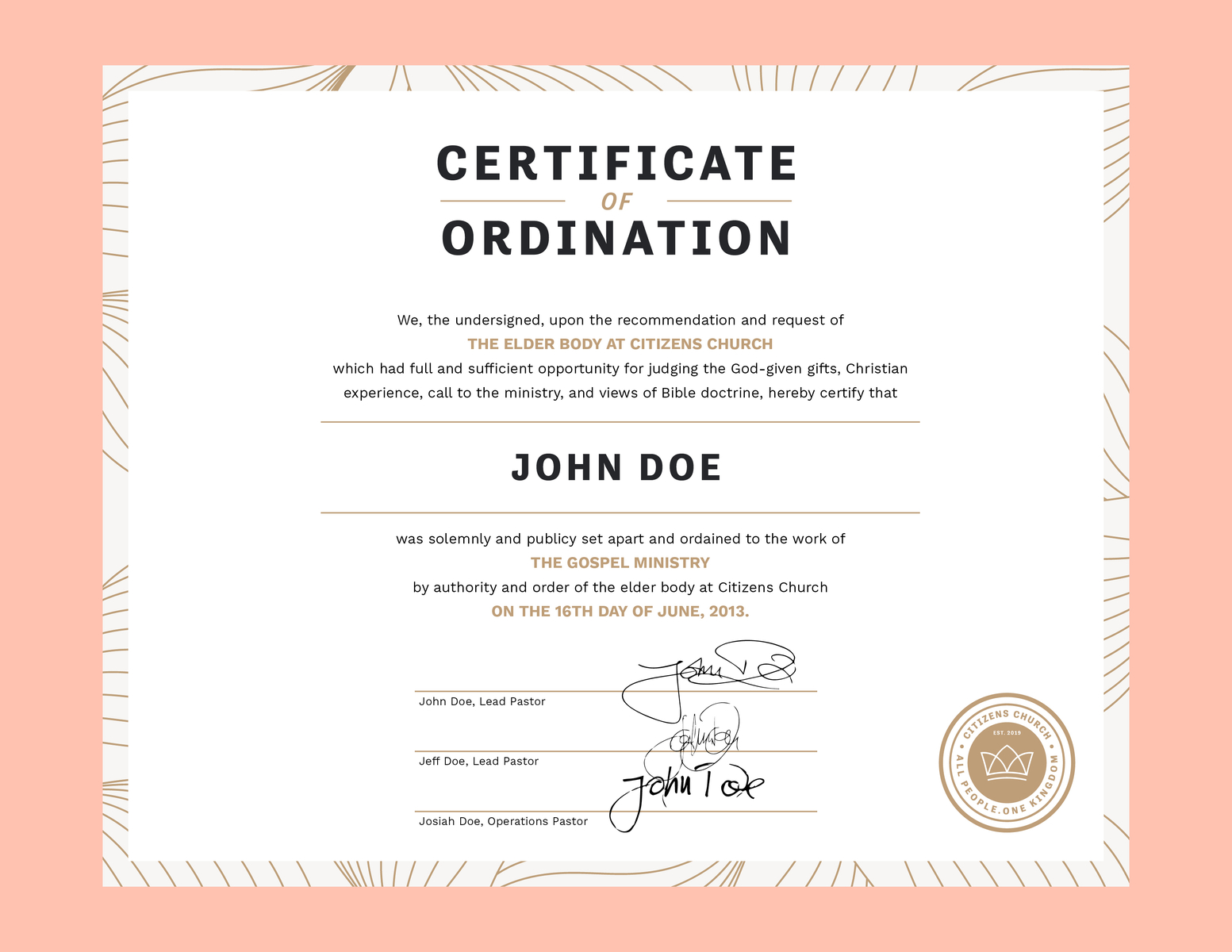 Certificate of Ordination by Eric Boggs for Citizens Church on With Ordination Certificate Template