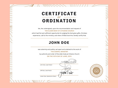 Certificate of Ordination