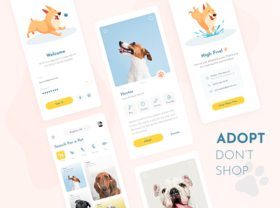 Pet Adoption App adopt adoption animal animals app card concept design dogs friend help illustration minimal pet pets rescue search shelter sign in ui