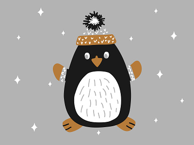 Christmas cute penguin in a knitted hat and mittens