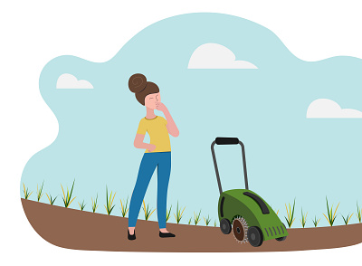 The woman looks thoughtfully at the sparse withered lawn flat design garden illustration lawncare minimal vector