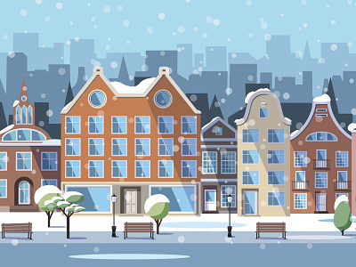 Winter city landscape christmas card design european flat flat design holland illustration vector winter city