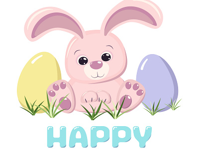 Happy Easter cute pink bunny rabbit in the grass adorable animal baby bunny cartoon cute drawn ear easter egg egg hunt flat design foot funny happy illustration little pink rabbit vector