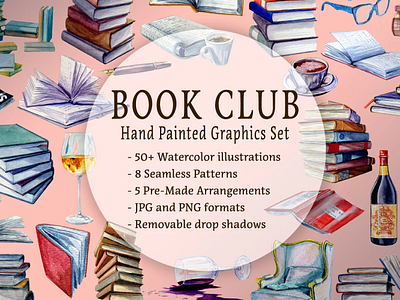 Book Club Hand-Painted Graphics Set book club books branding creative market design graphics icons illustration logo watercolor