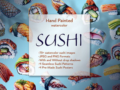 Sushi Hand-Painted Watercolor Graphics Set branding creative market design food graphics icons illustration logo sushi watercolor