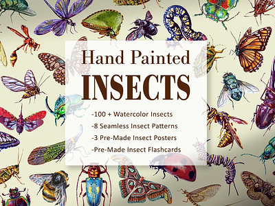 Insects Hand-Painted Watercolor Graphics Set branding creative market design graphics icons illustration insects logo science watercolor