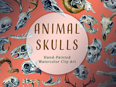 Animal Skulls Hand-Painted Watercolor Clip Art