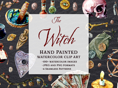 The Witch Hand-Painted Watercolor Graphics Set branding creative market design graphics halloween icons illustration logo spooky watercolor witch witchcraft