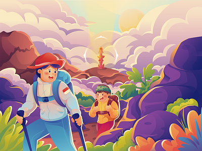 Explore New Worlds character cloud colorful flat illustration hiking illustration montain vector