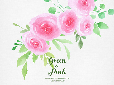 Green & Pink Rose Handpainted Watercolor Floral Clipart PNG