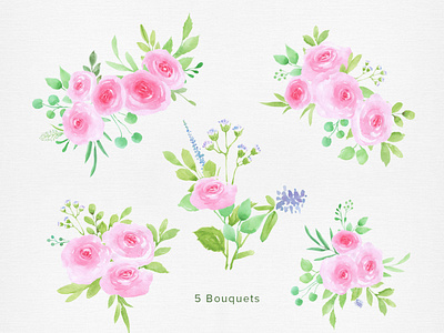 Green & Pink Rose Handpainted Watercolor Floral Clipart PNG