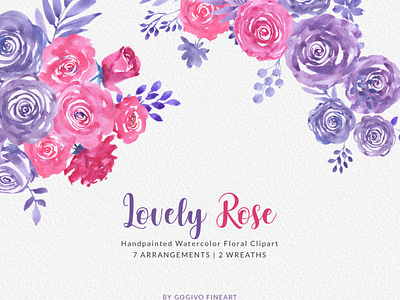 Lovely Rose - Watercolor Floral Clipart Collection BIG Size File bouquet clipart design download flipcart floral flower flower illustration graphics handpainted painting pink png purple rose watercolor watercolour wedding wreath