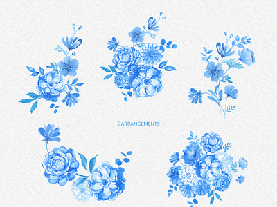 Blue Watercolor Flowers Handpainted Clipart Peonies