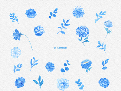 Blue Watercolor Flowers Handpainted Clipart Peonies