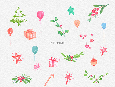 Christmas Watercolor Clipart bouquet christmas christmas card christmas png graphics christmas tree clipart designing download drawing elements gogivofineart handpainted illustration png sketch stars and baloons watercolor painting wreath