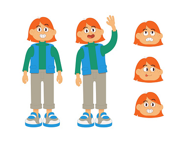 A girl with red hair and different emotions cartoon character collection cute design emotion face flat girl happy illustration isolated people person set standing style vector woman young