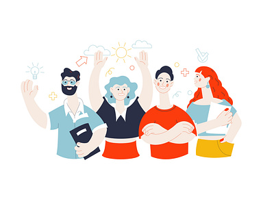 Modern team with 4 people. app character design flat illustration typography ui ux vector web