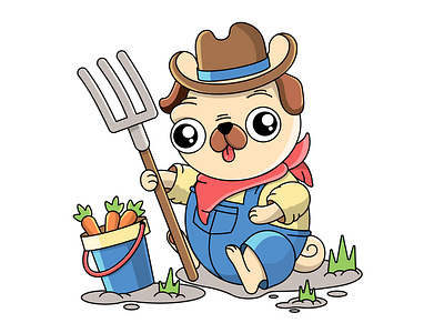 A little pug in a farmer's suit. Vector image.