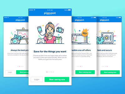 New PiggyPot Walkthrough 🐽 app character colours control finance flat illustration ios onboarding saving screens walkthrough