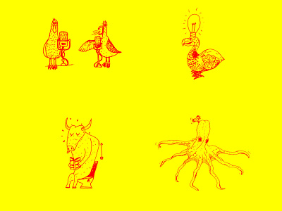 Illustrations for a portfolio night event - 04 bird bull bulls dodo eagle handdraw handmade idea illustration octopus poop red yellow