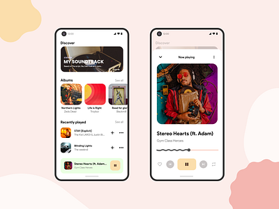 Music player app - Material You (Android 12 UI) adobe xd adobexd android 12 android 12 material you best best design clean ui design dribbble best shot flat colors flat ui material you materialyou ui music player materialyou music player ui neutral app design neutral colors ui