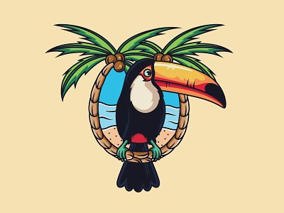 Toucan with beach background adorable adorable lovely animal animal character art beach bird cartoon character cute design graphic illustration mascot mascot design parrot sweet toucan vector wings