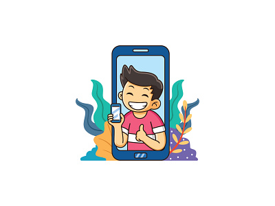 Boy enjoy with smartphone art cartoon character cute design illustration logo mascot design sweet vector