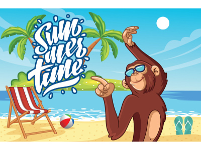 Chim in summer 🍌🐵 🙈 animal background banana beach cartoon character chimp chimpanzee cute design illustration kawaii kawaii art love play relax smiley summer summertime vector