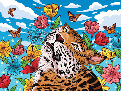 Leopard in summer 🌈☘️🐯 adobe illustrator animal beautiful butterfly cartoon cartoon illustration cat cute design drawing elegant imagination kawai leopard mammal predator roar sky summer tiger