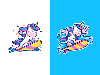 Unicorn Playing Surfing animal beautiful cartoon character concept cute design doodle drawing fun horn idea illustration mascot pony pose summer surfing unicorn vector