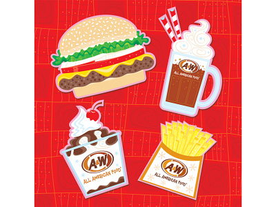 A&W cartoon design food french fries hamburger humorous ice cream illustration milkshake vector