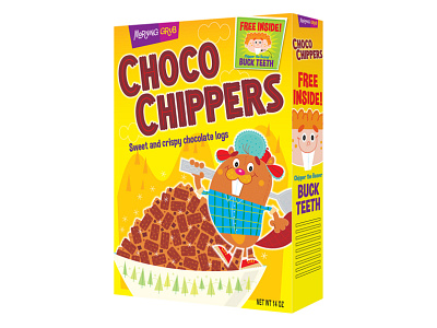 Choco Chippers beaver cartoon cereal box design humorous illustration vector