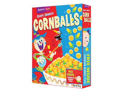 Cornballs branding cartoon cereal box design humorous illustration scarecrow vector