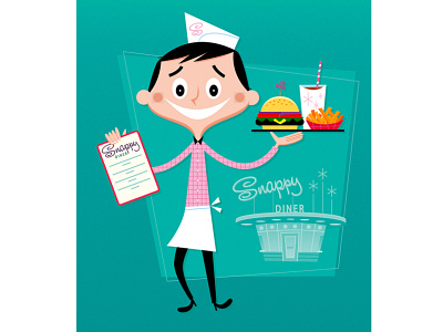 Snappy Diner 1950s cartoon design diner drive in food humorous illustration vector