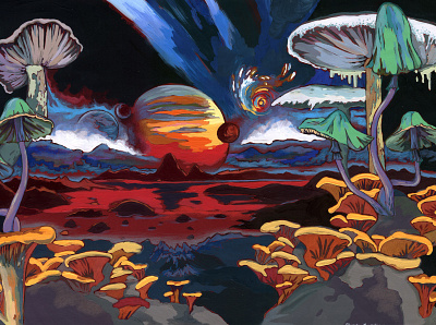 Mushroom planet. acrylic painting artwork cosmos design fantasy illustration space spaceart traditional art