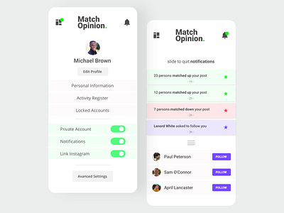 Match-Opinion / Settings and Notifications app app design application branding design flat material ui materialdesign minimal ui