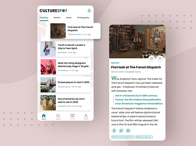 CultureSpot app article article design concept concept design culture design design app designer figma inspiration movies news newsfeed newsletter pink pinterest ui ux ux ui
