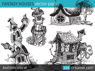 Fantasy Houses vector pack children book illustration drawing vector art elf fairy tale fairy vector fantastic vector fantasy houses vector fantasy vectors goblin magic story vector witch