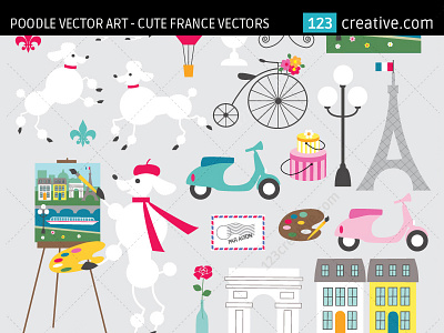 Poodle vector art - cute France vectors cute poodle vector eiffel tower vector france graphic design france vector french poodle vectors funny dog vector funny france graphics old bicycle illustration old bicycle vector paris vectors poodle vector art typical french elements