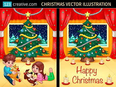 Christmas scene vector illustration cute children Christmas tree