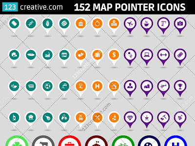 152 Map pointer icons in 3 formats and color versions