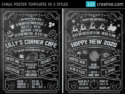Chalk Poster in 3 styles - Halloween, New Year’s Eve, and Menu cafe menu template cafe poster template chalk flyer psd chalk flyer template chalk halloween poster chalk menu flyer chalk new year poster template chalk poster psd chalk poster template chalkboard poster template halloween poster psd menu board template