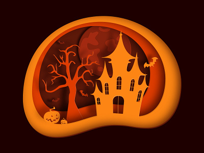 Halloween card castle design halloween illustration illustrator moon paper cut papercut pumpkin vector web