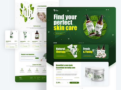 Landing Page for Natural cosmetics series add to cart cosmetics e commerce ecommerce green hero section interface landing page leafs natural nature product product design ui uidesign ux web webdesign