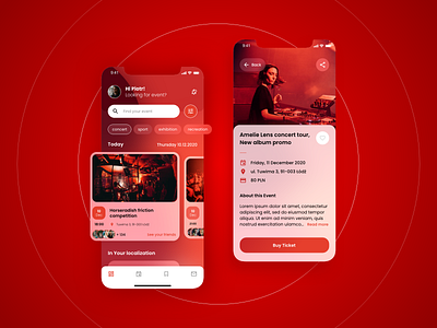 UI design for Event App v2 blurred blurred background concerts dashboard ui design event event app glass glassmorphism interface interface design music red red color techno ticket ticket app ui uiux ux