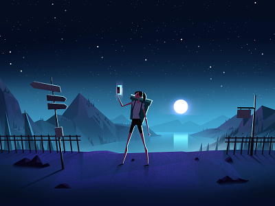 Selfie 2d animation character dark design illustration landscape motion night phone selfie
