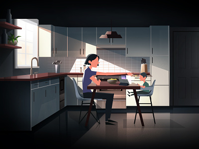 Breakfast Time 2d animation character child dark design food illustration meal meat mother motion motion design vector